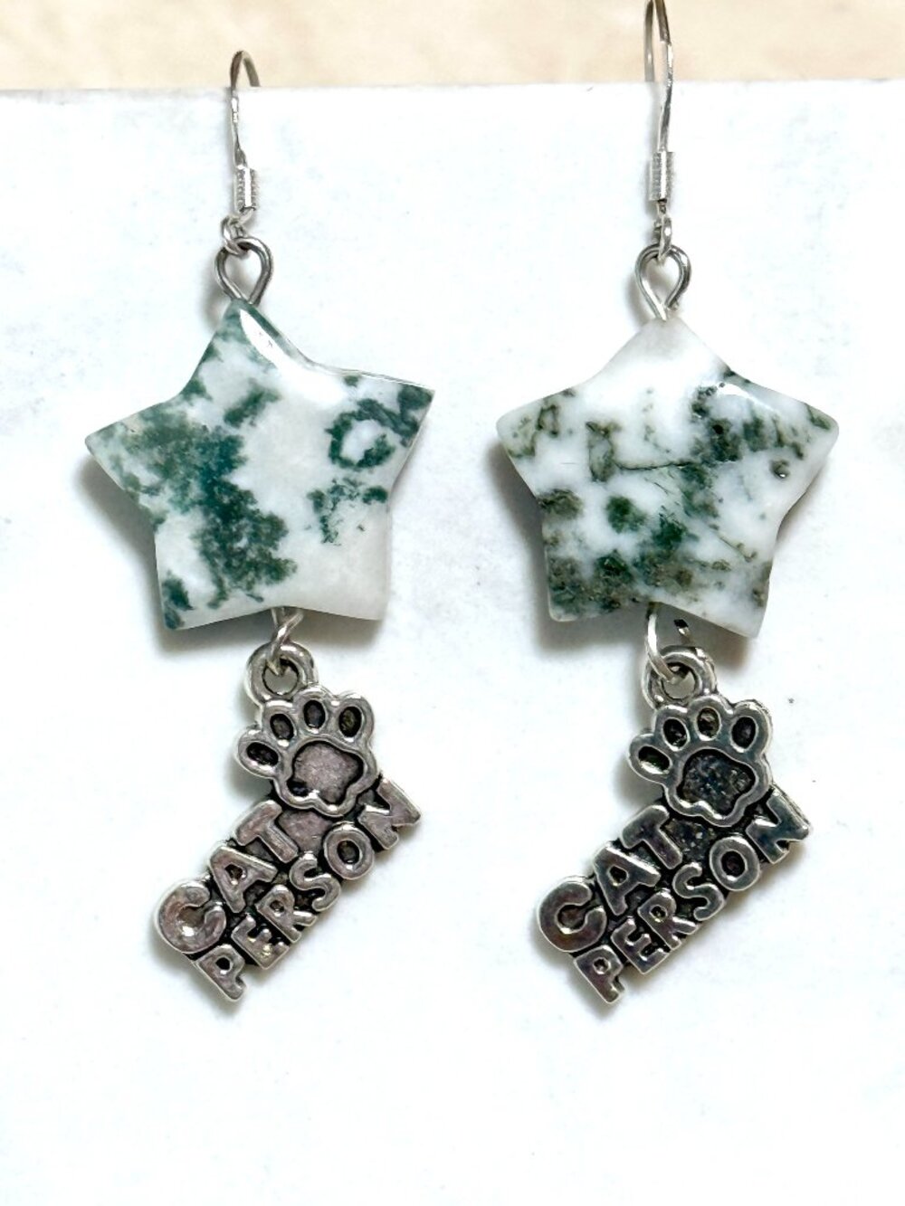 2/$20, White Green Tree Agate Star & Cat Person Paw Print Dangle Earrings